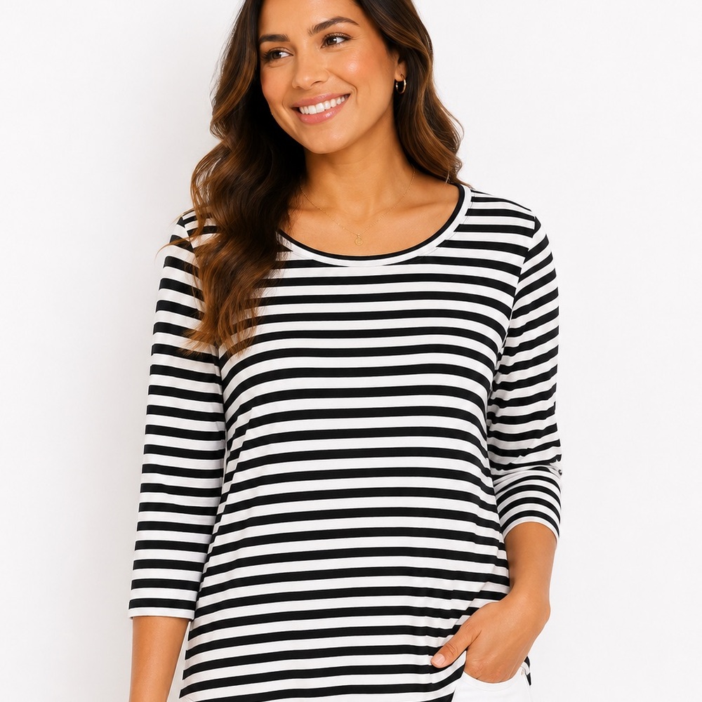 CAbi Black & White Striped Scoop Neck Three-Quarter Sleeve Top S